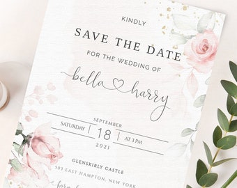 Blush Pink Wedding Save the Date Template, Save the Date Card, Printable Instant Download template, 100% Editable Text, Blush pink, W-IZZY