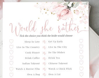 Blush Bridal Shower Game, Would She Rather (Digital Download 5x7in Template)
