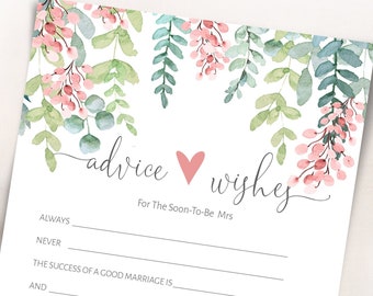 Op de afbeelding: Een printbare bruiloft advieskaart met een bloemenontwerp. De kaart heeft de tekst "advice wishes" en "For The Soon-To-Be Mrs".