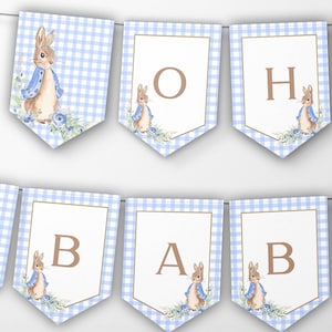 Baby Shower Banner EDITABLE Peter Rabbit Bunting Flopsy Blue Decor Flags Instant Download Shower Garland Decoration Custom Name Banner, PRBS