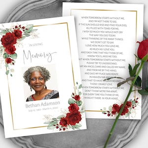 Funeral Prayer Card Template, Editable Printable Memorial Prayer Card, Red Rose Funeral Card, Catholic Mass Card, Funeral Poem Card F-BIRNIE