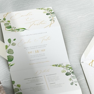 Tri Fold Wedding Invitation Template, All-In-One Invitation, Accordion Folded Wedding Invitation, Concertina invite, Greenery Invitation-AMY