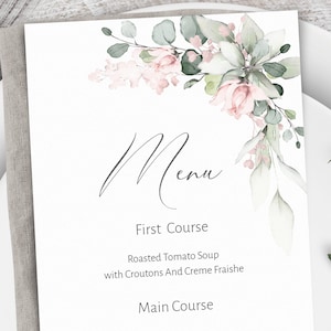 Wedding Menu Card Template, Blush Pink Wedding Menu, Bridal Shower Brunch Dinner, Printable Editable Download, Romantic Wedding, W-IZZY