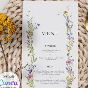 Wildflower Wedding Menu, Boho Floral Menu, Garden Flower Menu Wildflower Template Garden Party Bridal Shower Menu Summer Wedding CANVA FW1