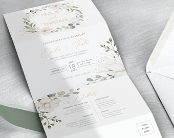 Tri Fold, Accordion Folded Wedding Invitation Template, Magnolia and eucalyptus Concertina invite, INSTANT DOWNLOAD, MAGNOLIA