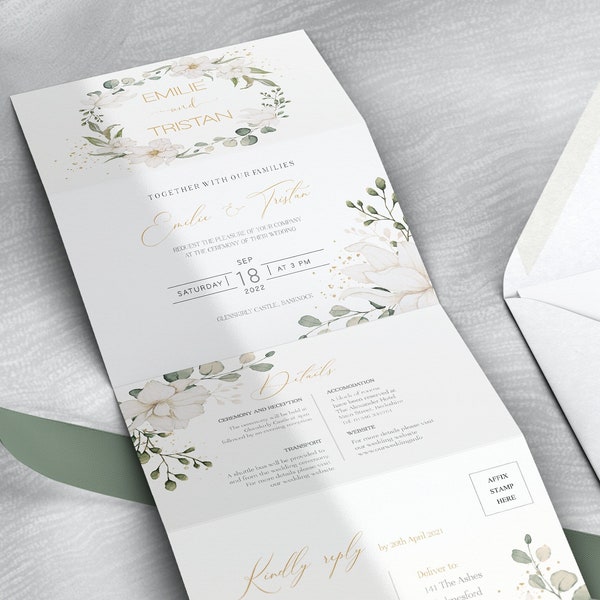 Tri Fold, Accordion Folded Wedding Invitation Template, Magnolia and eucalyptus Concertina invite, INSTANT DOWNLOAD, MAGNOLIA