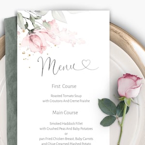 Wedding Menu Cards, Dinner Menu Cards, Pink Floral Menu, Wedding Menu Card Template, Blush Pink Wedding Menu, Romantic Wedding, W-IZZY