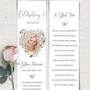 Funeral Bookmark Template, Editable, Printable Funeral Bookmark, Pink Butterflies Memorial Bookmark, Bookmark Memorial Keepsake, F-ELLEN