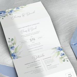 Blue Wedding Invitation, Concertina Tri Fold, Accordion Wedding Invitation Template, Diy INSTANT DOWNLOAD, Blue Floral Wedding, W-SUZY