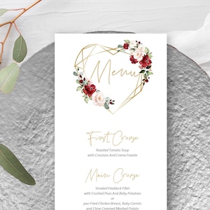 Menu Template, Burgundy Floral Wedding Menu Card, Printable DIY Dinner Menu, Red wedding, Boho, BIRNIE
