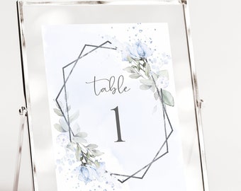 Table Number Card Template, Blue and Silver Wedding Table Number, Wedding Editable Printable, Blue Floral,  Instant Download, W-IZZY BL