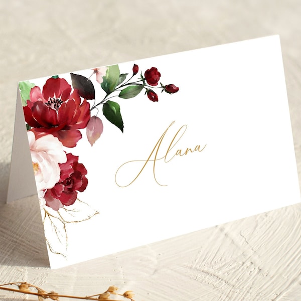 Red Floral Place Cards, Wedding Templates, Printable Guest Name Cards, Wedding Place Cards template, BIRNIE