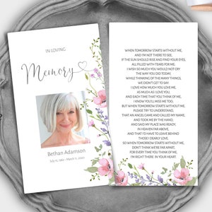 Funeral Prayer Card Template, Editable Printable Memorial Prayer Card, Pink Obituary, Catholic Mass, Funeral Poem, 3 Size Options, F-MELODY