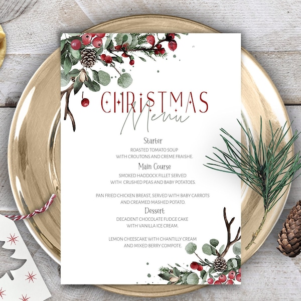 Christmas Menu Template, Christmas Berry Menu, Printable Christmas Menu , A5 & A4 sizes, Instant Download, Holiday Menu Card-BERRY