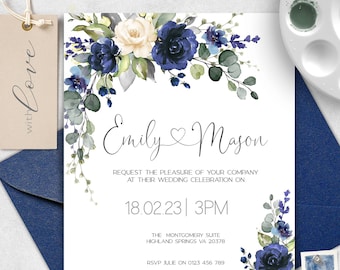 Wedding Invitation Navy Blue Flowers, Editable Blue Navy Wedding invite Template, Floral Wedding Invite Printable Editable Invite  W-NADINE