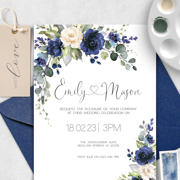 Wedding Invitation Navy Blue Flowers, Editable Blue Navy Wedding invite Template, Floral Wedding Invite Printable Editable Invite  W-NADINE