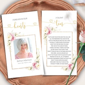 Funeral Prayer Card Template, Editable Printable Memorial Prayer Card, Pink Obituary, Catholic Mass, Funeral Poem, 3 Size Options, F-SYLVIA