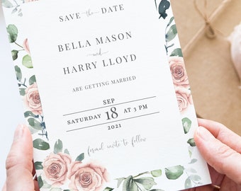 Save the Date Card Template, Pink Wedding Save the Date Printable, Boho pink and Gold Wedding, Instant Download, Editable Text, W-CARMEN