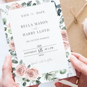 Save the Date Card Template, Pink Wedding Save the Date Printable, Boho pink and Gold Wedding, Instant Download, Editable Text, W-CARMEN