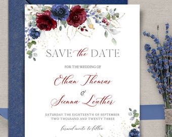 May include: Save the date card with a watercolour floral design in shades of burgundy and blue. The text reads "Save the Date" for the wedding of Ethan Thomas & Sienna Louther, Saturday the eighteenth of September two thousand and twenty three. Formal invite to follow.