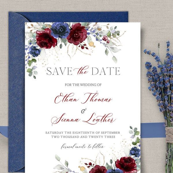 Wedding Save the Date Template, Burgundy and Navy Blue Save the Date, Printable Instant Download template, Editable Text, Blue Red, CAMILA