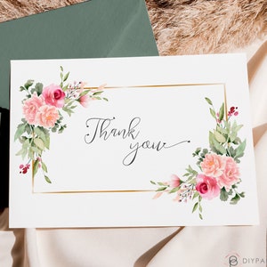 Pink Thank You Card Template, Floral Editable Thank You Notes, INSTANT DOWNLOAD, Tent Folded, Printable, Template, MILLIE