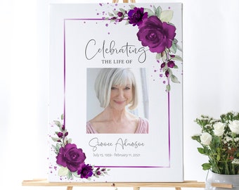 Editable Funeral Welcome Sign, Celebration of Life Decoration, Purple Floral Funeral Sign, Memorial Sign, Funeral Décor, F-ALYSSA