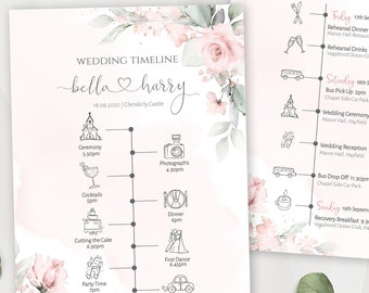 Wedding Day Timeline Template, Wedding Icons Itinerary, Order of Events Icons, Timeline Program, 100% Editable, Pink Floral Printable W-IZZY