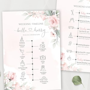 Hochzeitstag-Timeline-Vorlage, Hochzeitssymbole Reiseplan, Reihenfolge der Ereignisse, Timeline-Programm, bearbeitbares rosa Blumenmuster IZZY1