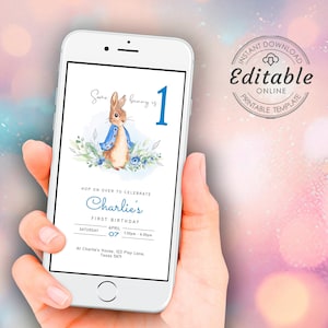 Editable Peter Rabbit Birthday Blue Evite Electronic Template Boy Any Age First Birthday Invitation Hop On Over Instant download PR1