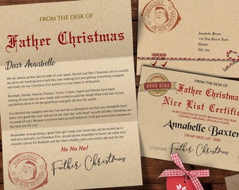 Personalized Letter from Father Christmas, Nice List Certificate (Instant Download)
