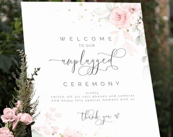 Unplugged Ceremony Sign, Pink Floral Unplugged Wedding Sign Template, No Pictures, No Photos, No Mobile, No Cell Phone, W-IZZY