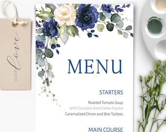 Navy Blue Floral Wedding Menu Template (Digital Download)