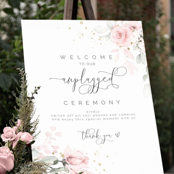 Unplugged Ceremony Sign, Pink Floral Unplugged Wedding Sign Template, No Pictures, No Photos, No Mobile, No Cell Phone, W-IZZY