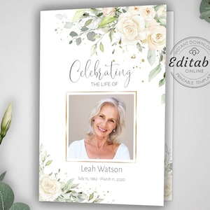Funeral Program, Funeral Memorial Template, White Floral Editable Order Of Service, Celebration Of Life Program, INSTANT DOWNLOAD, JESS