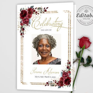 Editable Funeral Program Template, Memorial Service Template, Red and Gold Memorial Program, Order Of Service, Obituary Program-BIRNIE