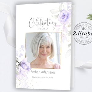 Funeral Program Template, Purple Funeral Memorial , Printable, Editable Order Of Service, Celebration Of Life, Instant download, F-IZZY PPL