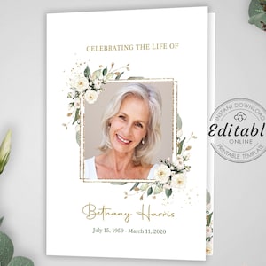 Puede incluir: Una plantilla de programa funerario blanco y dorado con un diseño floral y una foto de una mujer. El texto dice "Celebrating the Life of Bethany Harris July 15, 1959 - March 11, 2020".