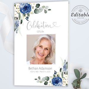 Editable Funeral Program, Funeral Memorial Template, Blue Order Of Service Print, Celebration Of Life Program, INSTANT DOWNLOAD, F-NADIA