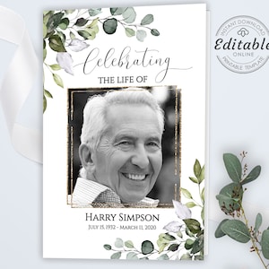 May include: A black and white photograph of a man with a gold glitter frame. The photo is surrounded by green and white watercolour leaves. The text "Celebrating the Life of" is above the photo and the text "Harry Simpson July 15, 1932 - March 11, 2020" is below the photo.