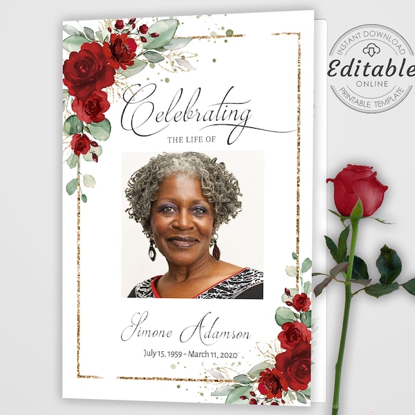 Editable Funeral Program Template, Memorial Service Template, Red and Gold Memorial Program, Order Of Service, Obituary Program F-BIRNIE