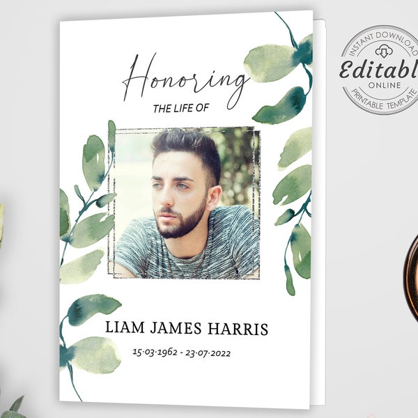 Editable Greenery Funeral Program Template Funeral Memorial program Funeral Service In loving Memory Obituary Celebration of life Funeral