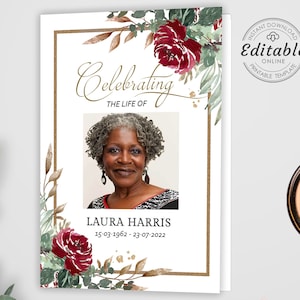 Editable Funeral Program Template, Red Memorial Service Template, Red and Gold Memorial Program, Order Of Service, Obituary Program