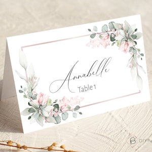 Pink Wedding Place Cards template, Watercolor Blush Pink Place Name Card, Printable, Editable Template, Pink Floral Wedding Cards, W-IZZY2