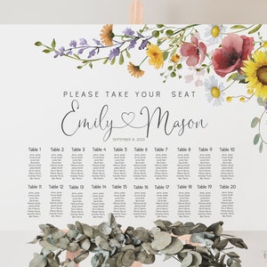 Seating Chart Template, Wild Flowers Calligraphy, Gold Autumn Floral Wedding Table Seating Plan Sign, Printable INSTANT DOWNLOAD - MEADOW