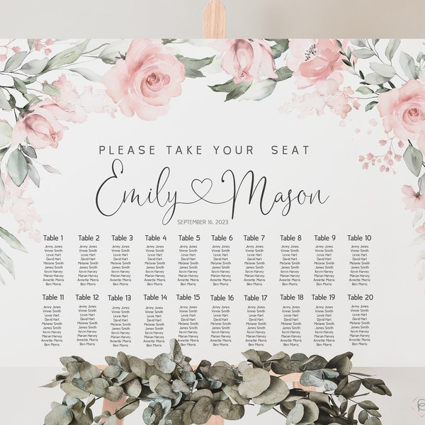 Seating Chart Template, Rose Floral Calligraphy, Pink Floral Wedding Table Seating Plan Sign, Printable INSTANT DOWNLOAD - IZZY