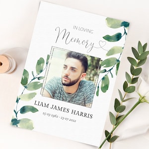 Funeral Prayer Card Template, Editable Printable Memorial Prayer Card, Eucalyptus Greenery Obituary, Catholic Mass Card, Poem Card -BRIAR