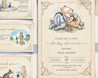 Winnie the Pooh Baby Shower Invite Classic Winnie the Pooh Vintage Invite Set Gender Neutral  Baby Shower Digital Editable Template WPV