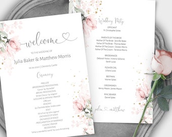 Blush Pink Wedding Program Template, Pink Floral, Printable Order of Service, A5 Size Custom Card, Flat Program, INSTANT DOWNLOAD, W-IZZY