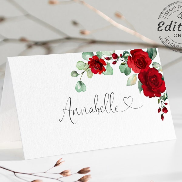 Red Wedding Place Cards template, Red Roses Place Name Card, Printable, Editable Template, Red Floral, BIRNIE